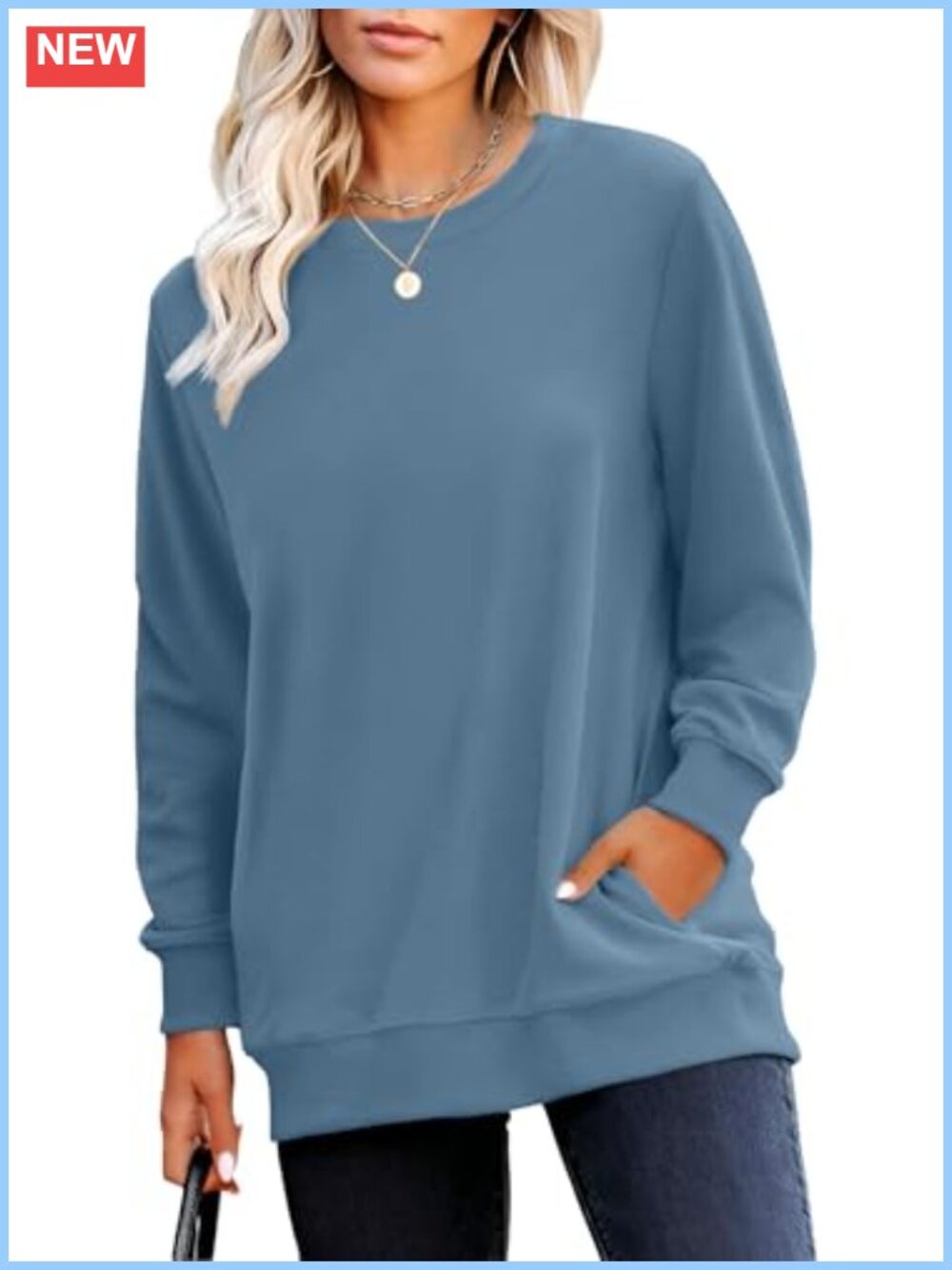 Cozy Fleece Crewneck Sweatshirt with Pockets, Long Sleeve Tunic Top
